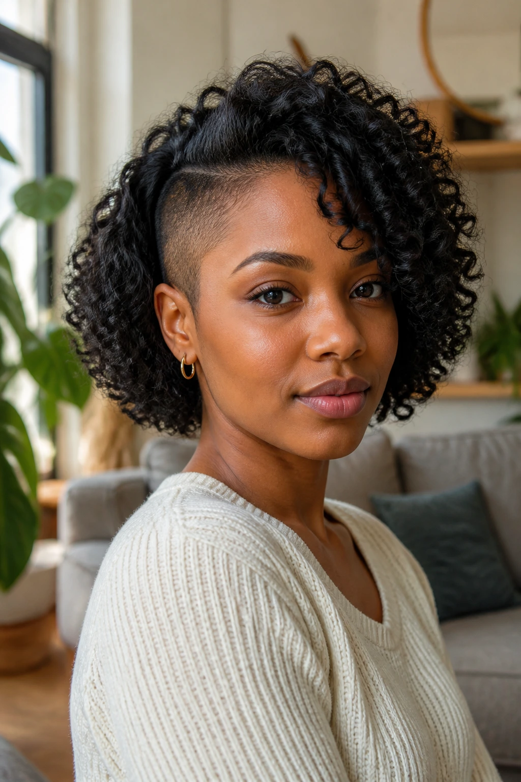 Close-up of a real Black woman with a rounded curly bob and one shaved side