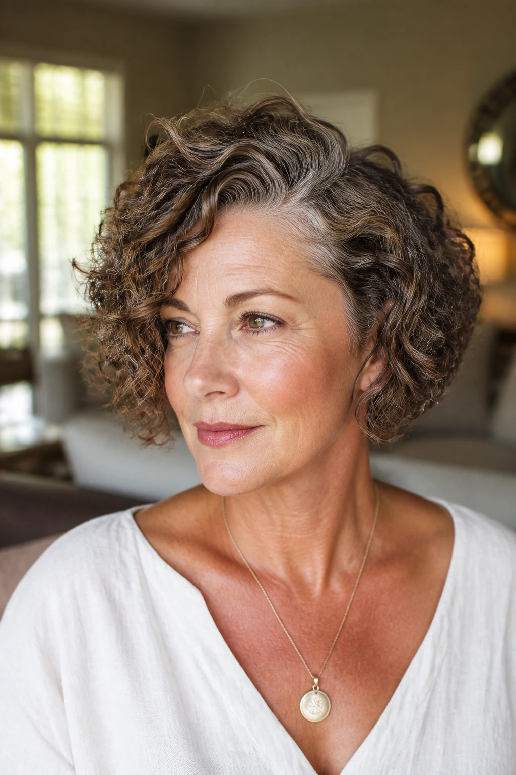 Real woman with rounded curly bob and deep side part