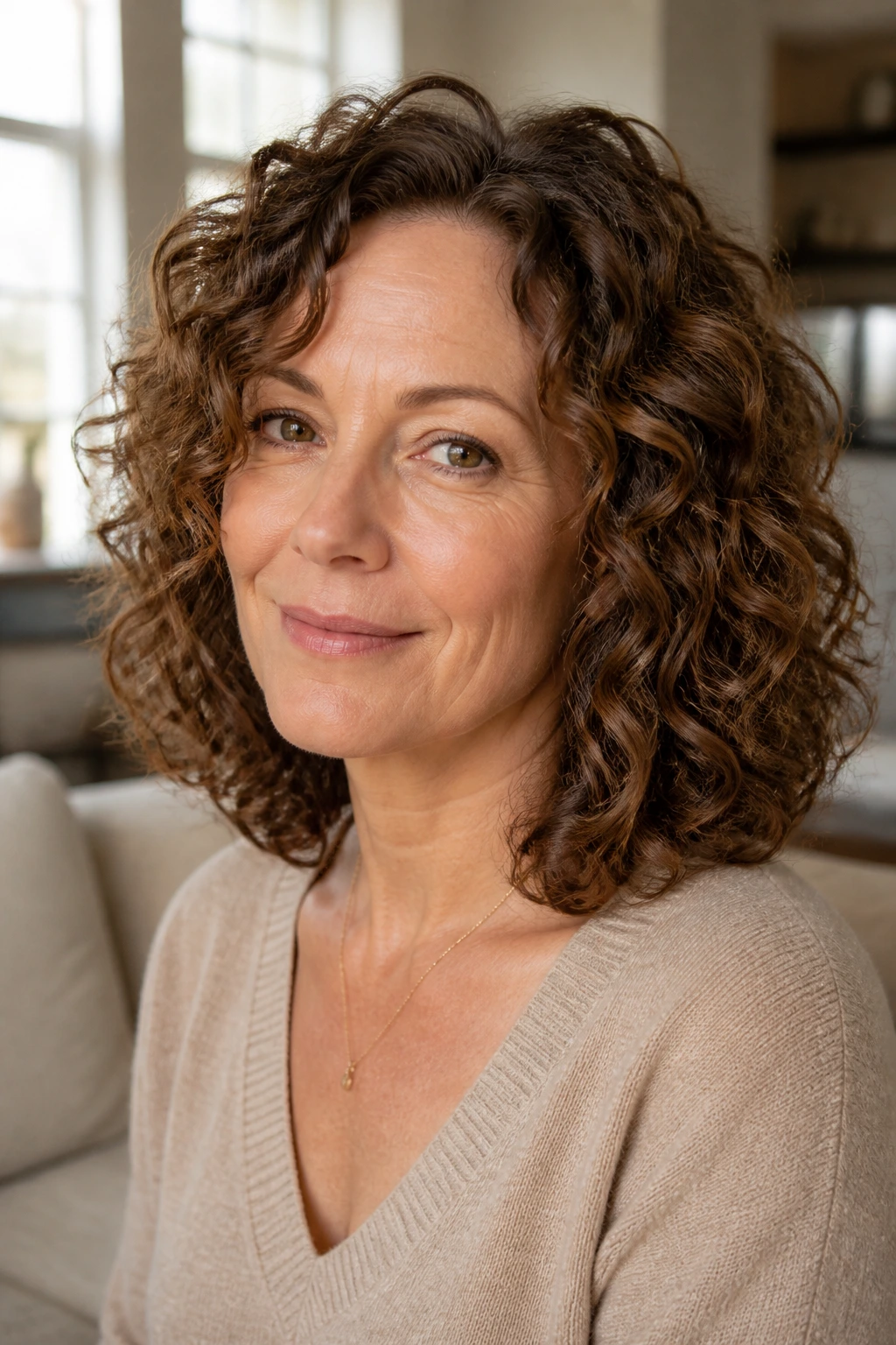 Close-up of a woman with rounded curly cut reaching the collarbone
