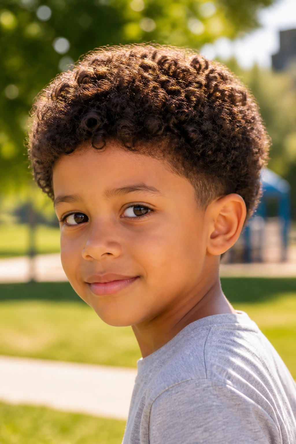 Close-up of a child with rounded curly crop hairstyle under soft sun