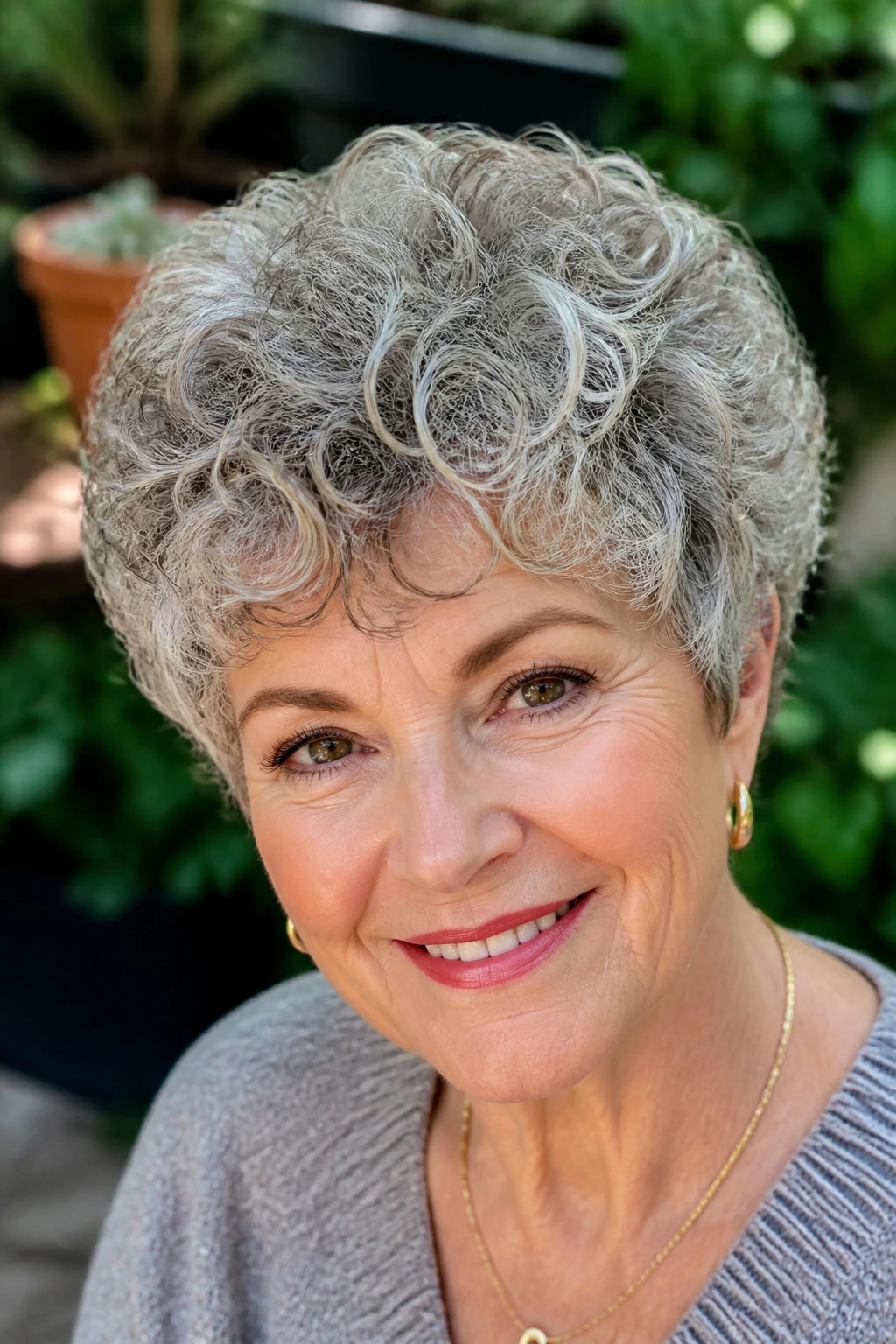 Close-up portrait of an older woman with a rounded curly crop forming a soft dome