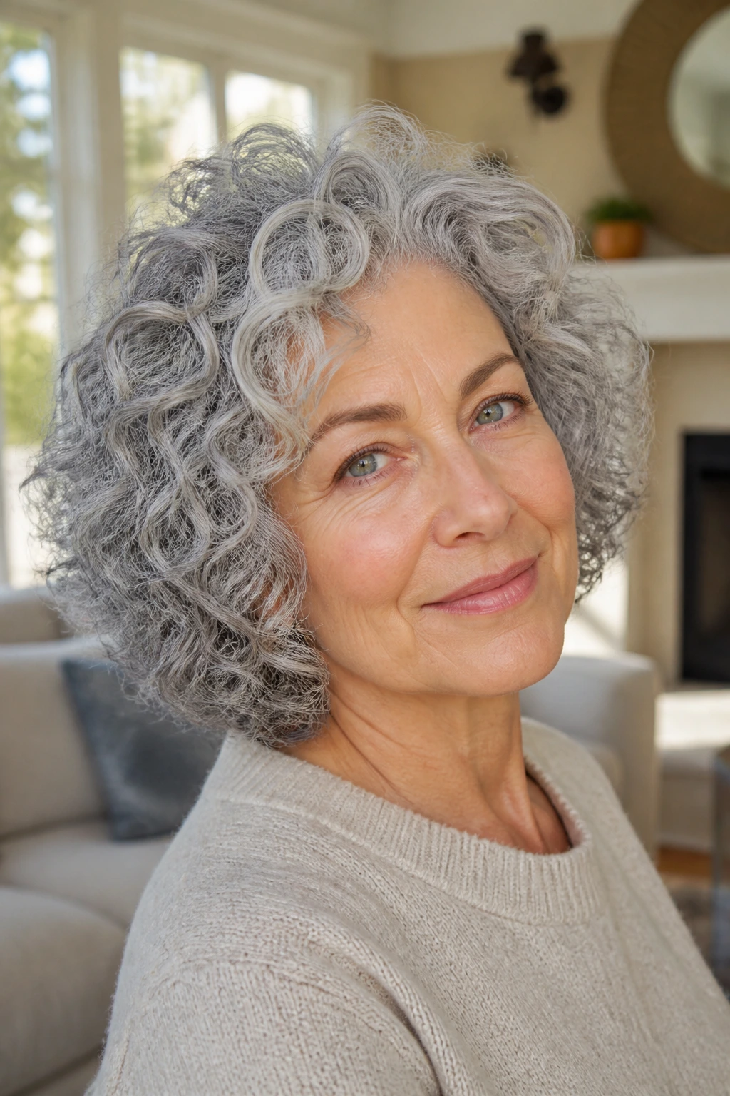 Close-up of a real woman with rounded curly gray hair framing her face