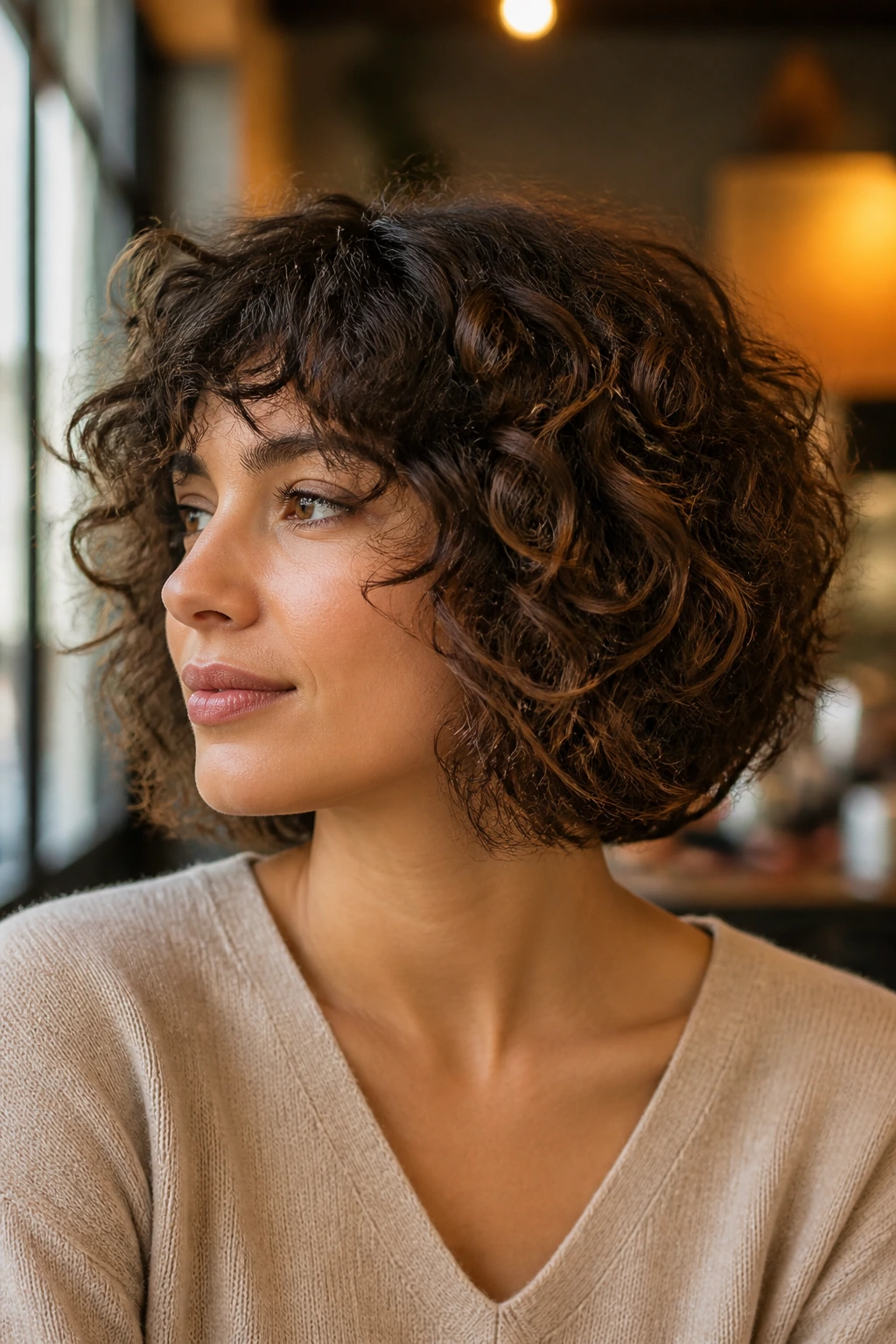 Portrait of a woman with rounded curly lob and choppy ends