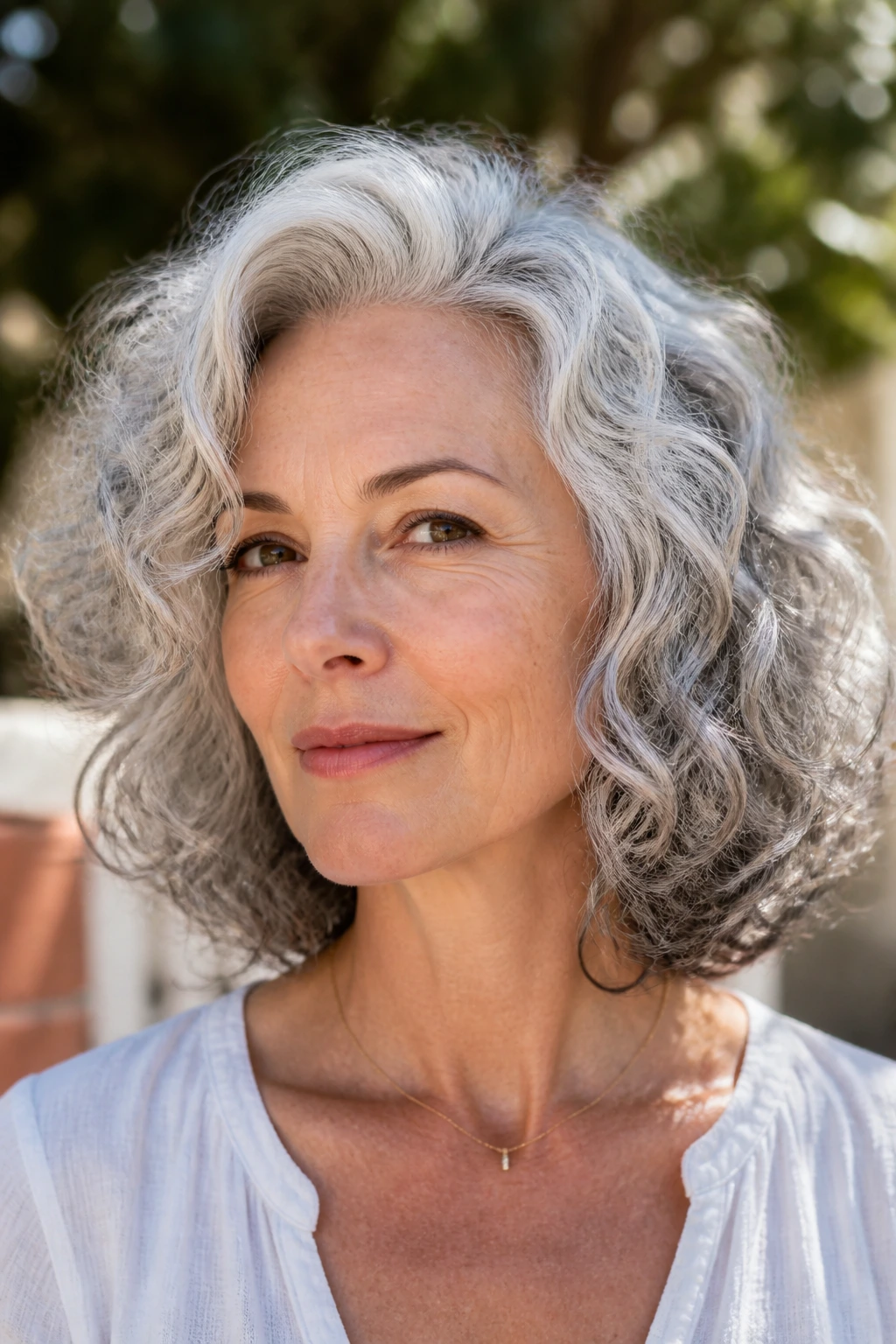 Close-up of a real person with rounded curly lob and lifted roots with soft halo