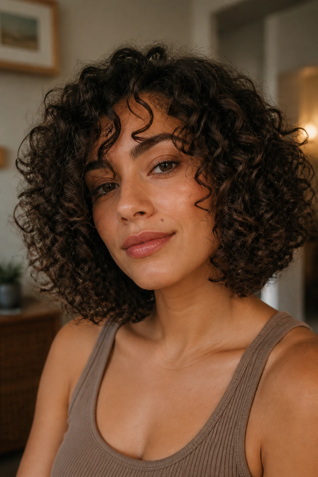 Portrait of a real woman with rounded curly lob forming a dome silhouette