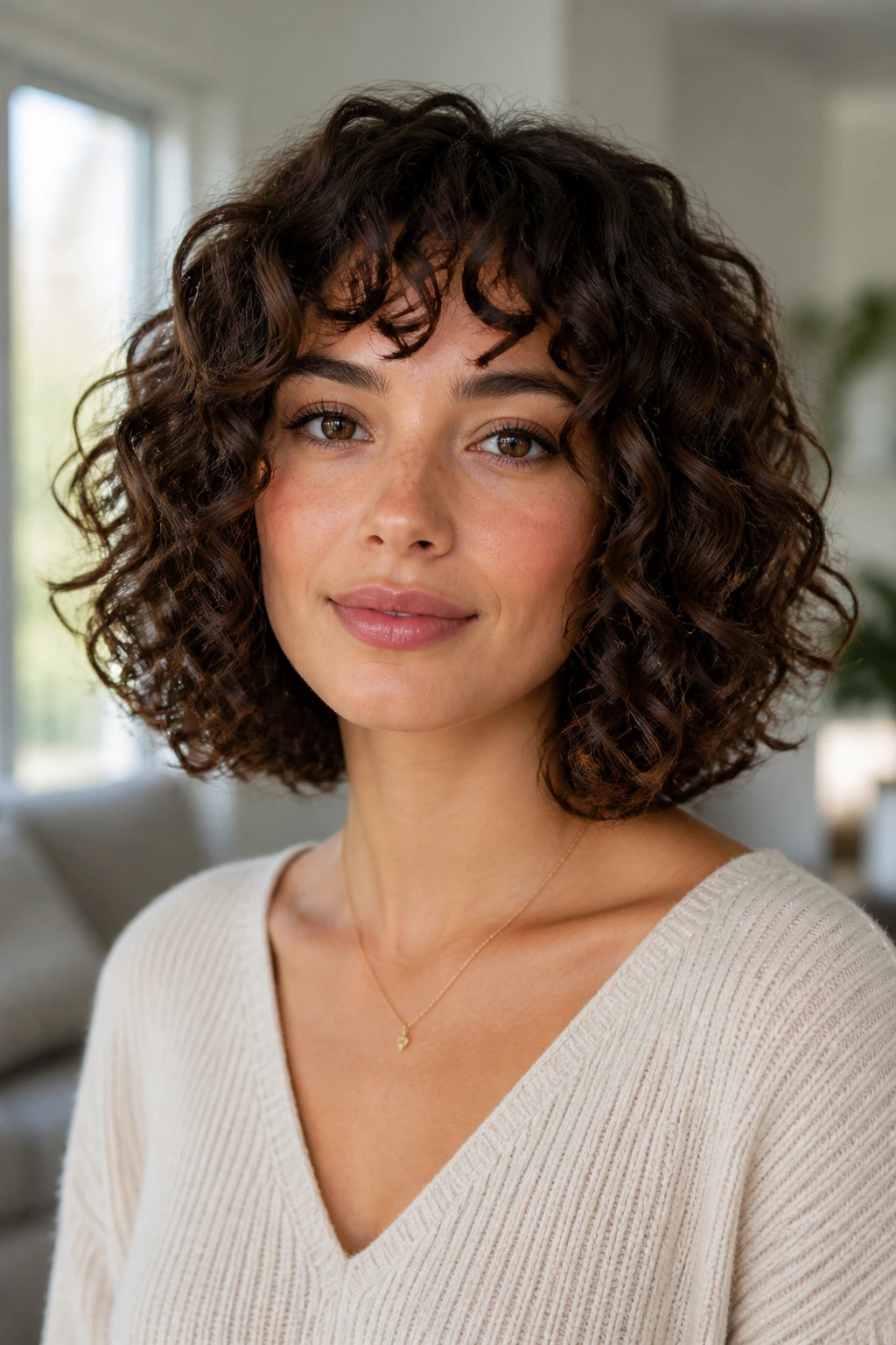 Close-up portrait of a woman with a rounded curly lob in bright daylight