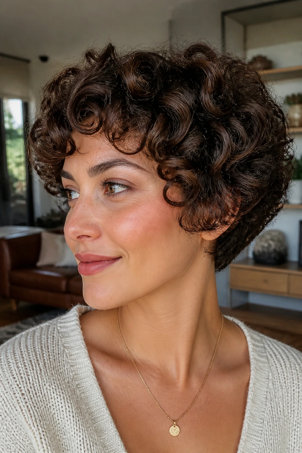 Close-up portrait of a real woman with a rounded curly pixie bob in a cozy living room.
