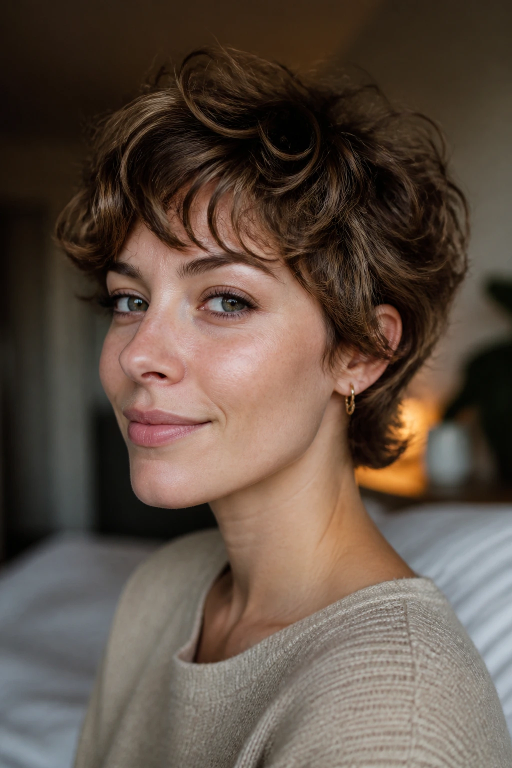 Real person with rounded curly pixie shag