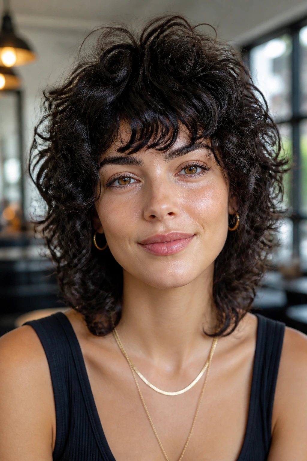 Close-up of rounded curly shag with crown lift on a real person