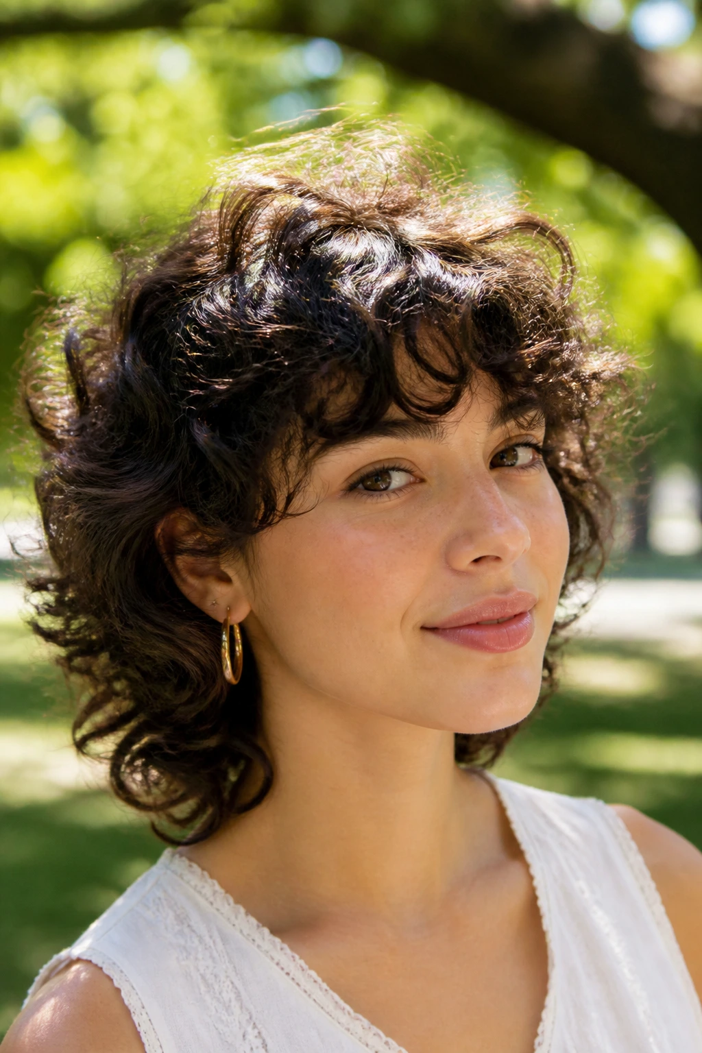 Close-up of a real woman with rounded curly shag showing lifted crown and rounded silhouette