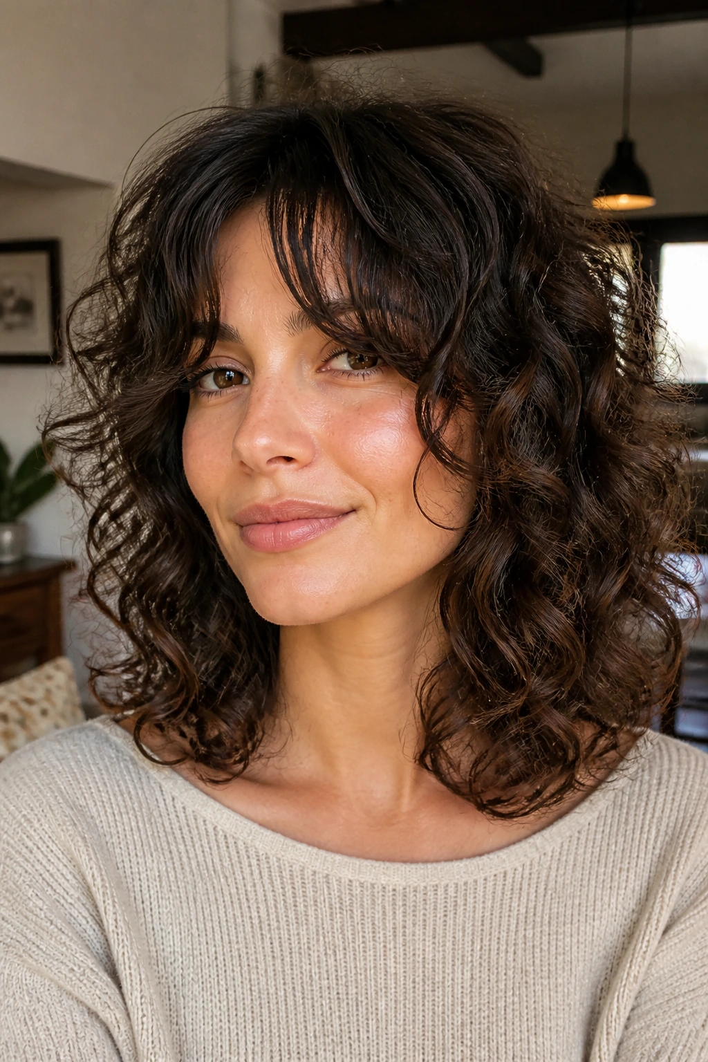 Close-up of a real woman with rounded curly shag and curtain bangs in warm living room light