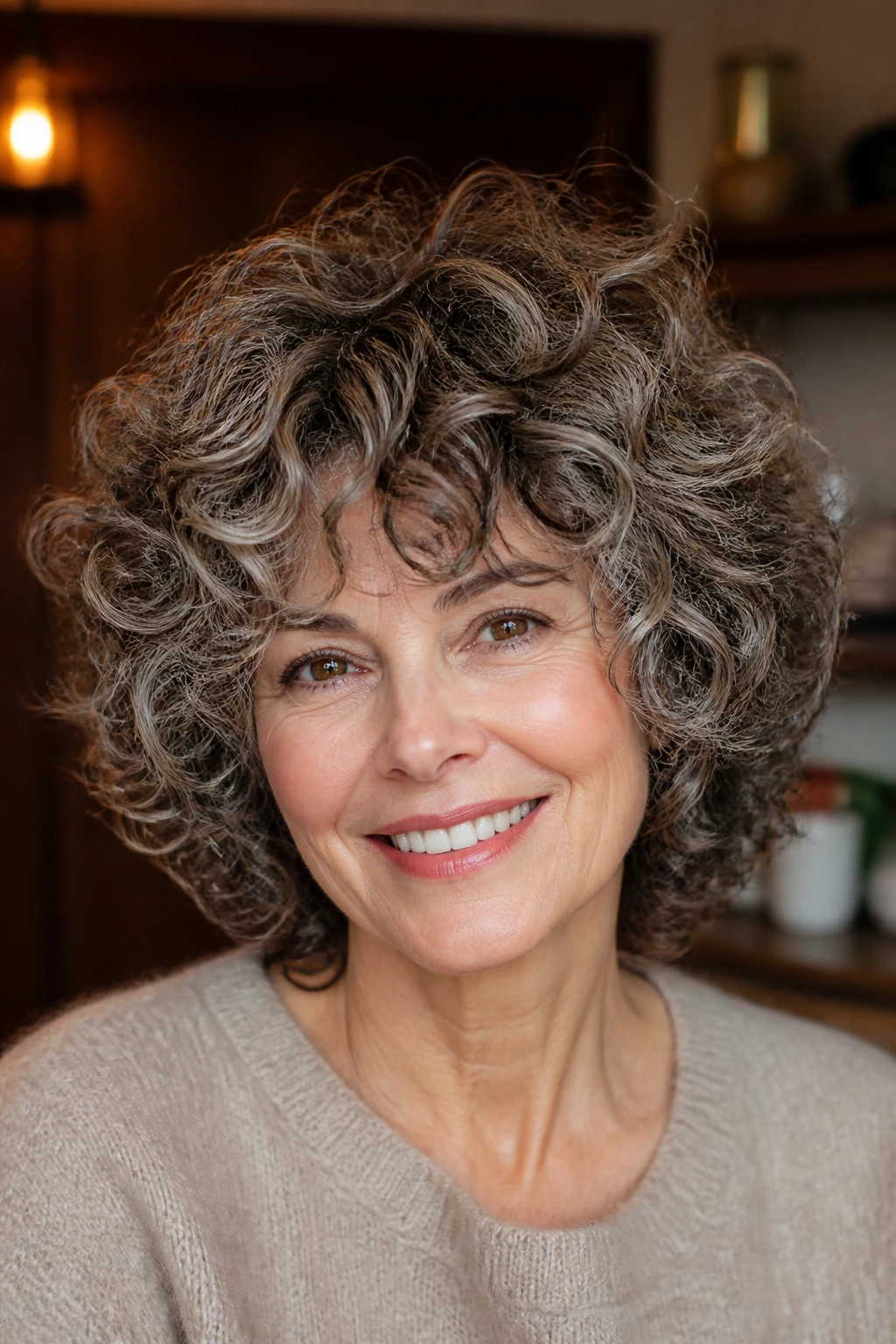 Portrait of a woman with rounded curly shag for dense curls in a cozy room