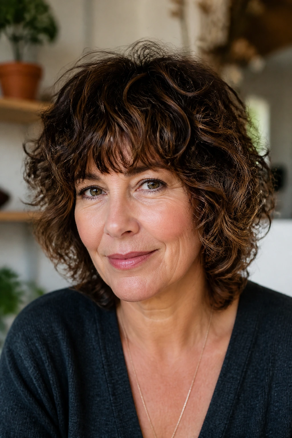 Close-up of a woman with rounded curly shag and fringe