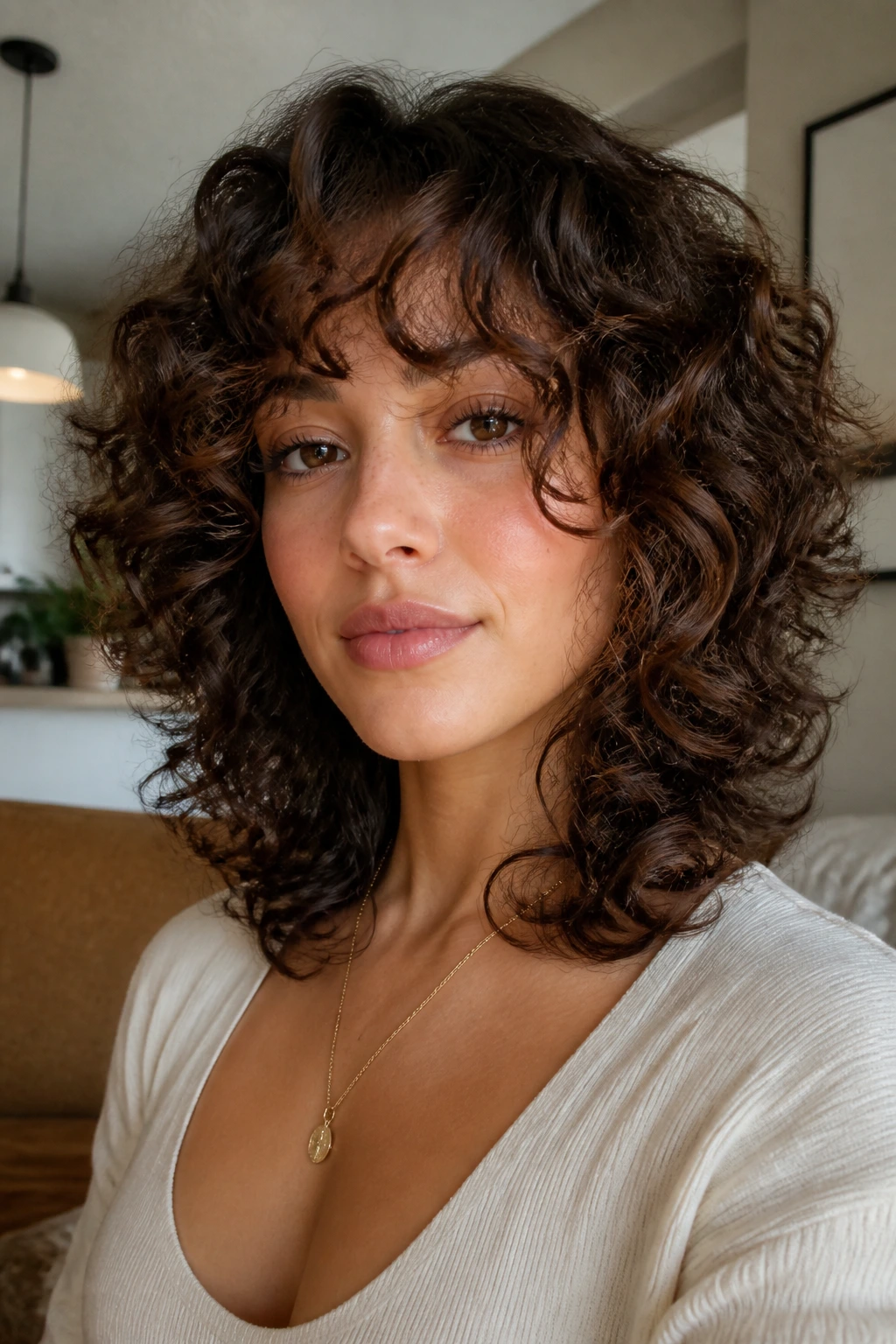 Portrait of a person with rounded curly shag and floating fringe