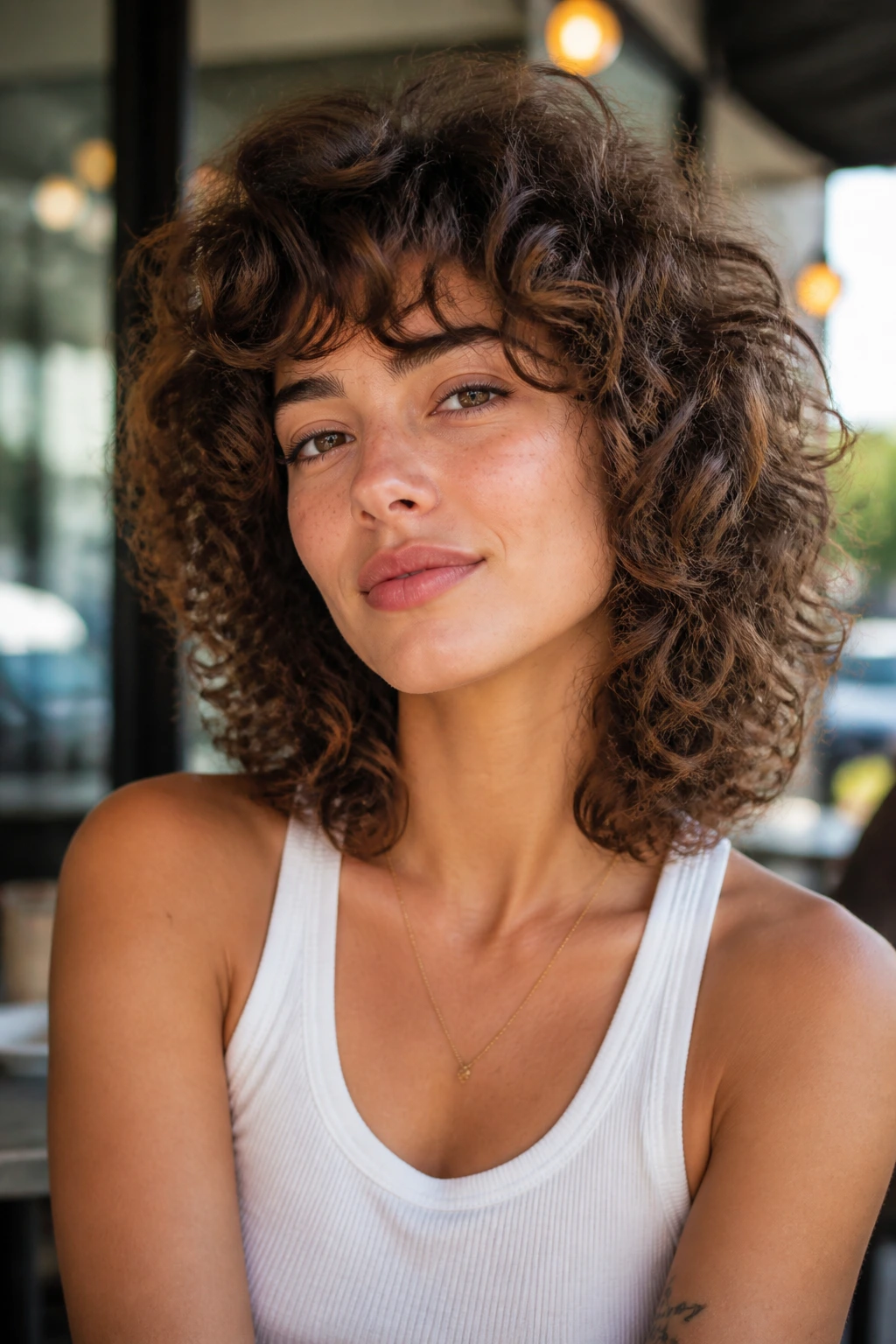 Portrait of a real person with a rounded curly shag hairstyle showing volume and movement.