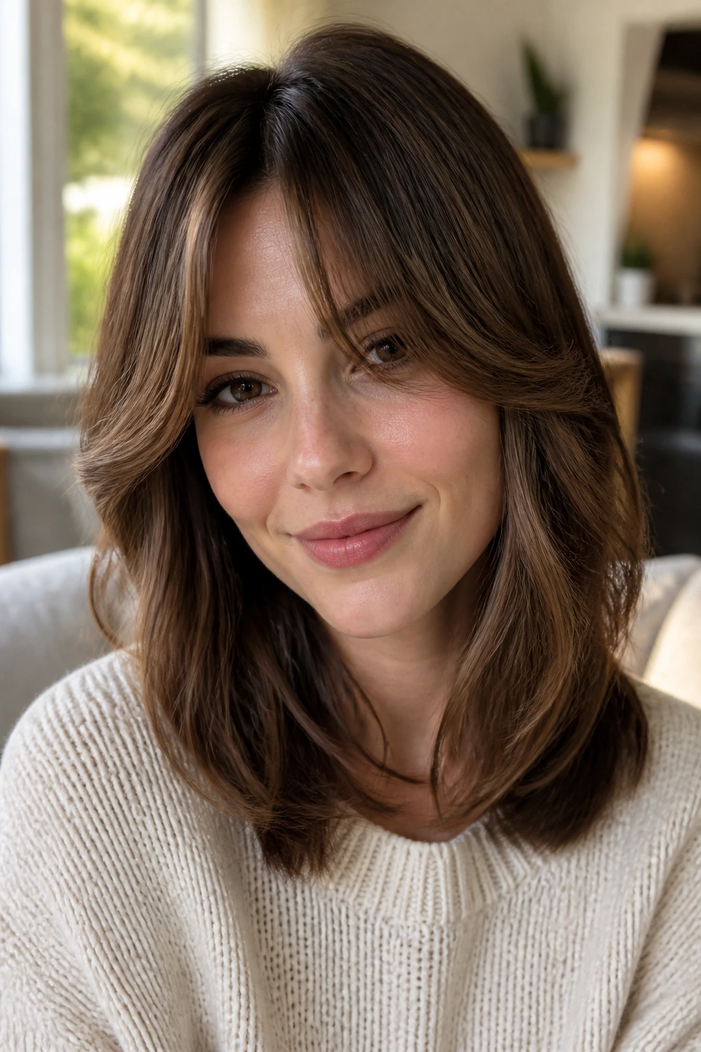 Close-up portrait of a real person with rounded curtain bangs in soft window light