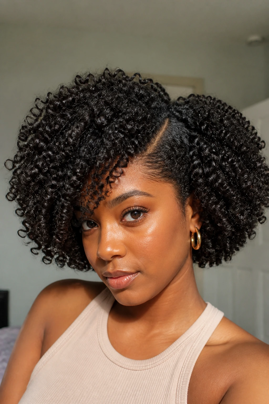 Close-up of a real person with a rounded cut and deep side part.
