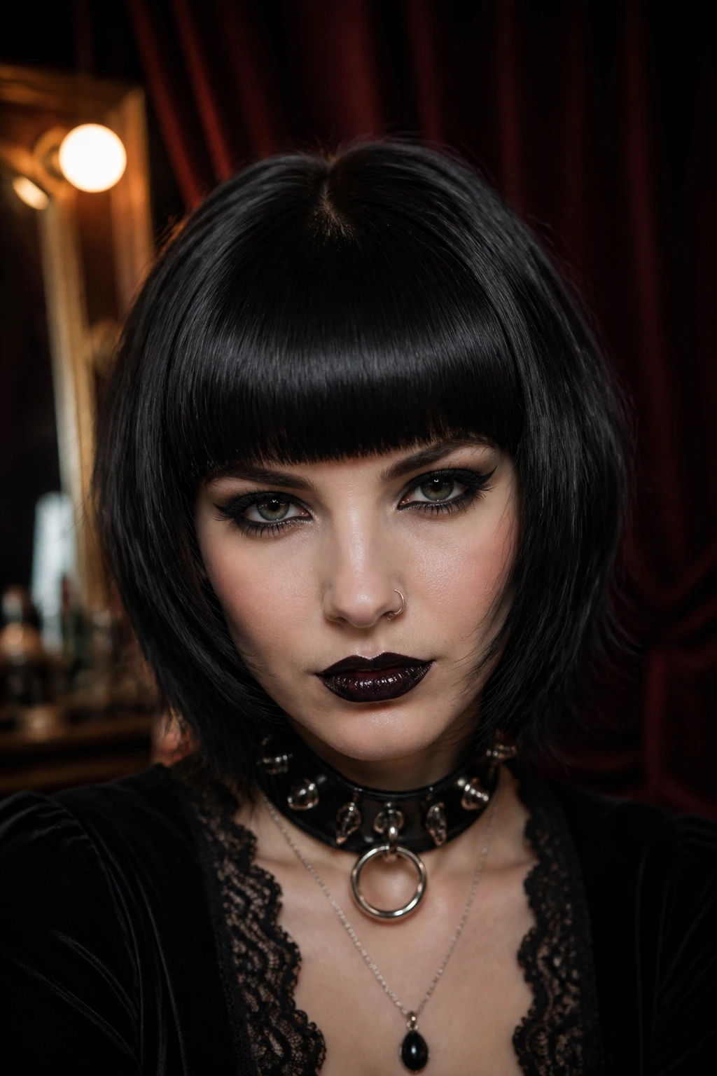 Close-up of a real person with rounded doll fringe on goth short hair