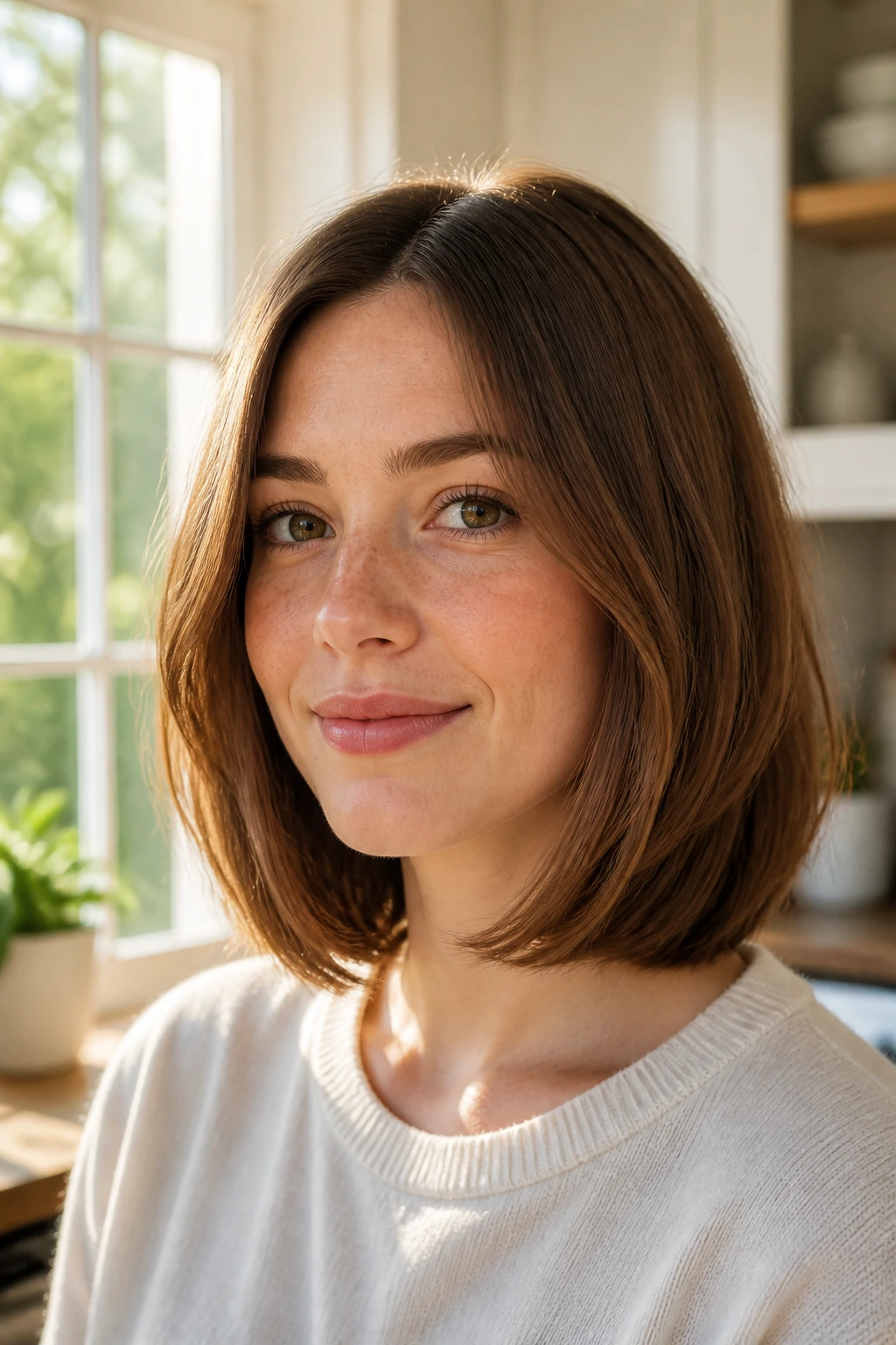 Close-up of a real woman with Rounded-Edge Lob and soft curved perimeter