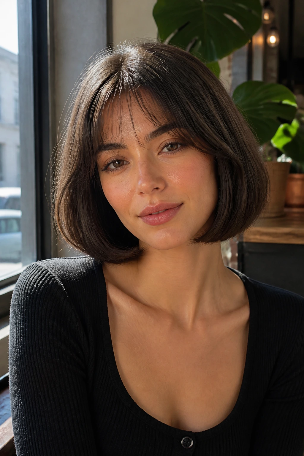 Close-up of a woman with rounded ends butterfly bob and micro curtain bangs in daylight