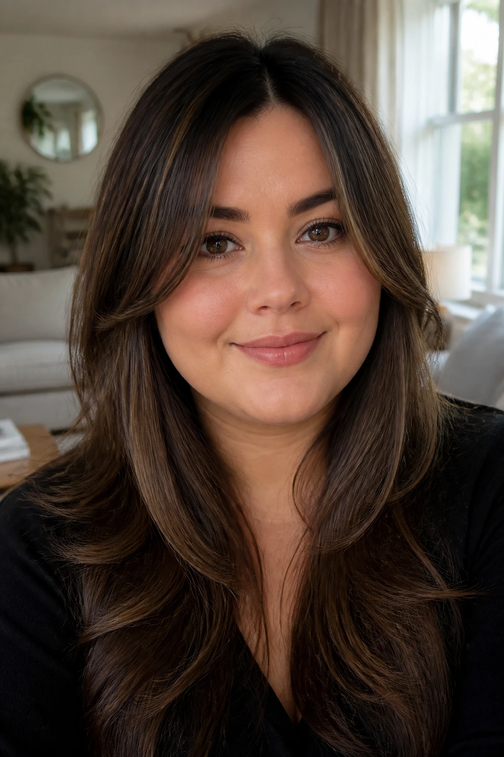 Close-up of a woman with a rounded face frame following her cheek and jaw line