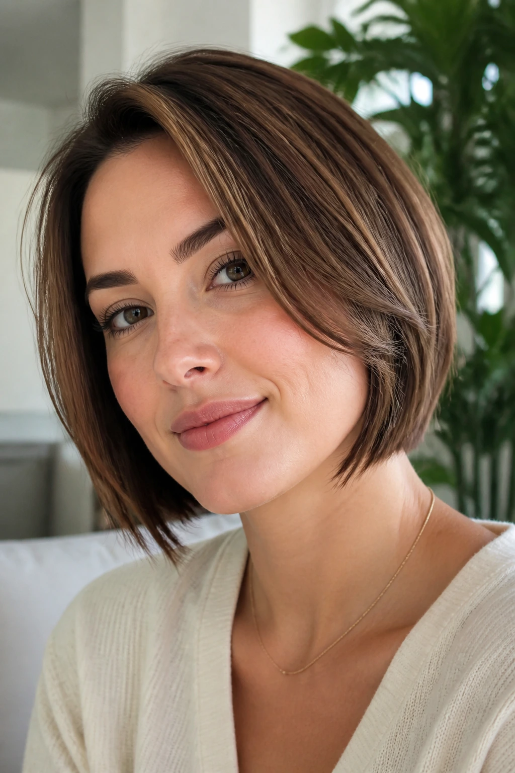 Portrait of a woman with cheekbone-framed layered bob for round face