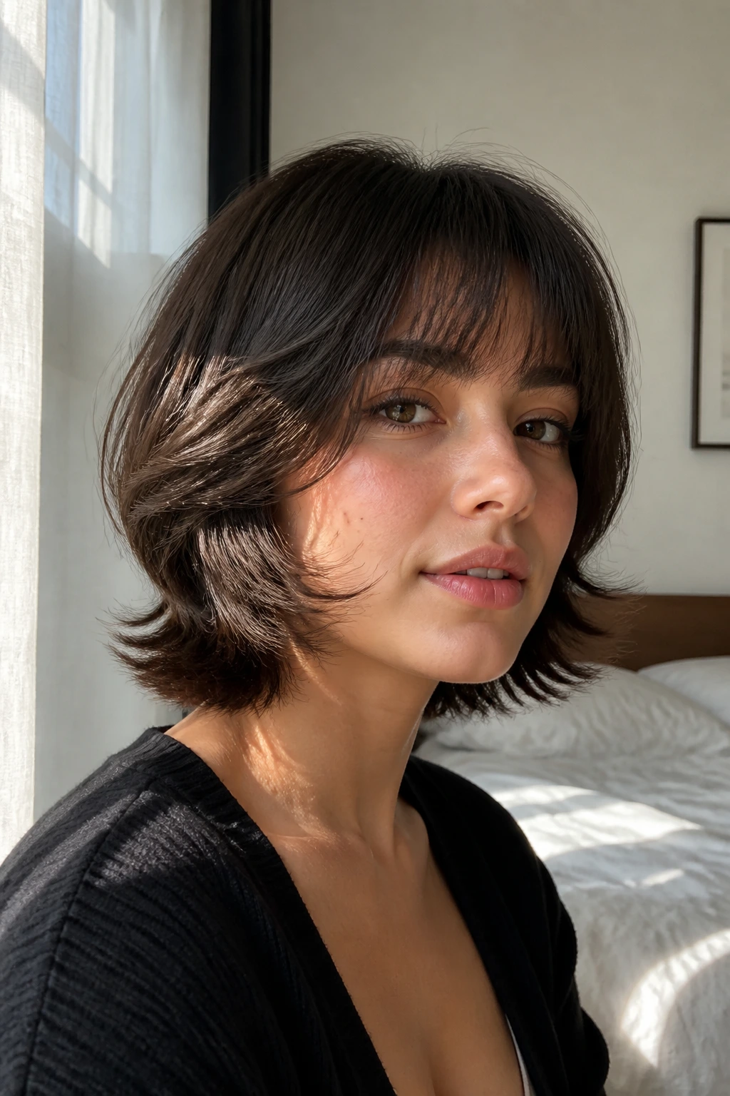 Close-up of a real woman with rounded face-slimming butterfly cut and wispy bangs