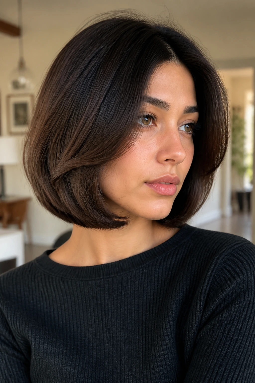 Close-up of a real woman with rounded feather-end Italian bob