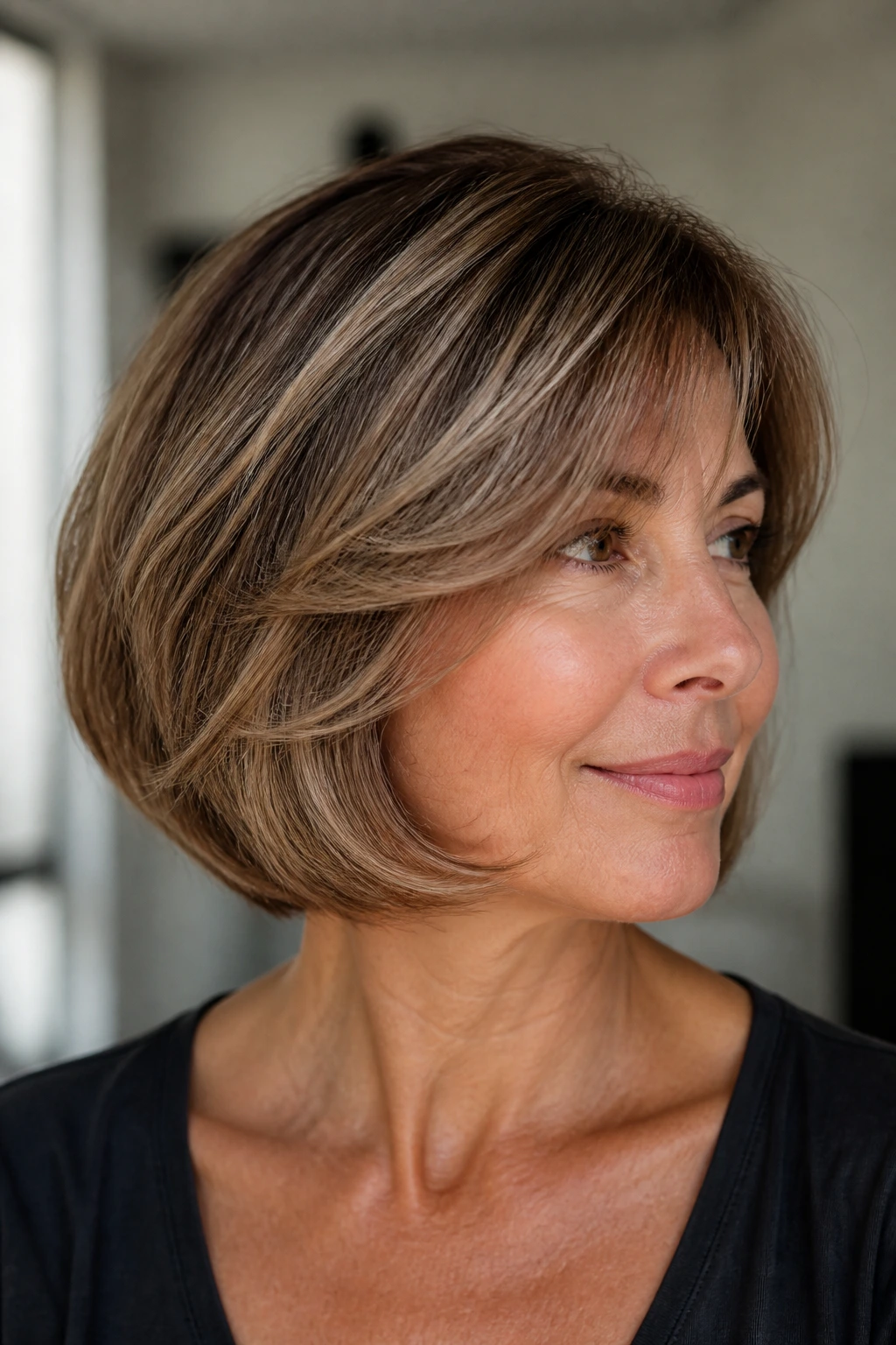 Close-up of a woman with a rounded feathered bob in soft natural light