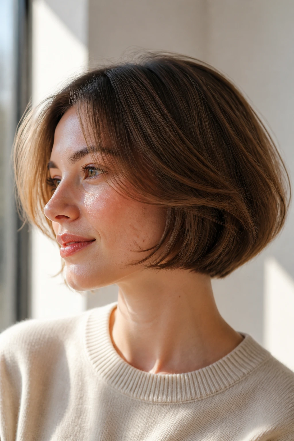 Close-up of a real person with a rounded feathered bob and soft layers in natural light