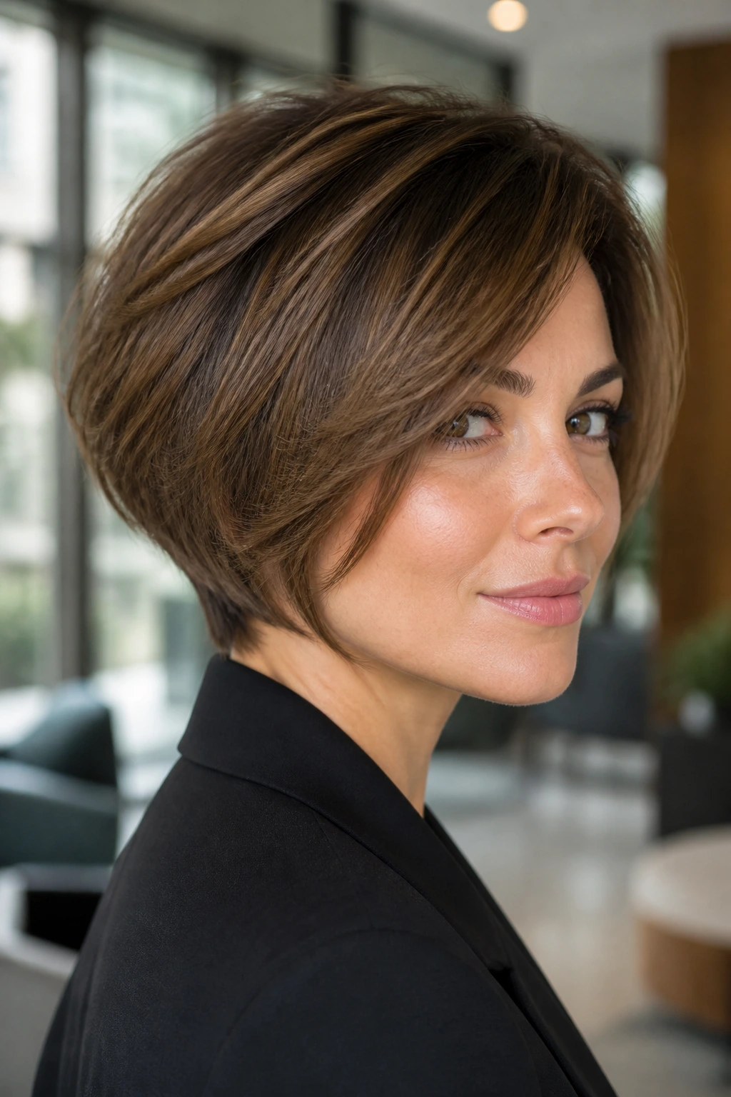 Close-up of a woman with rounded feathered bob in a bright office setting.