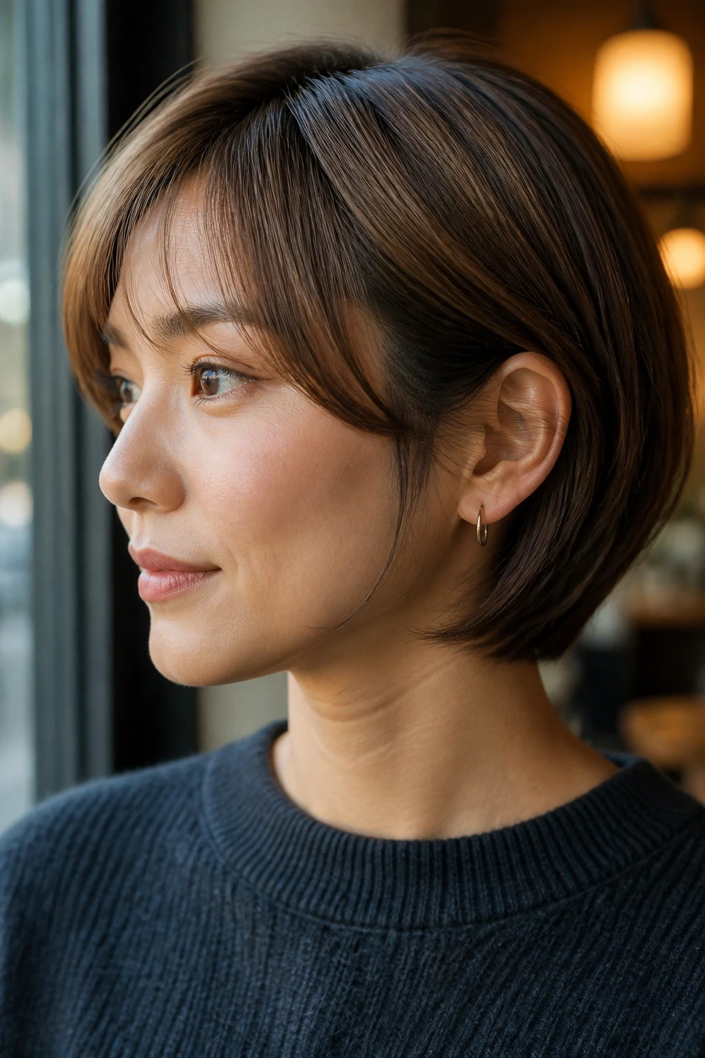 Portrait of a real person with rounded feathered bob and tucked ends