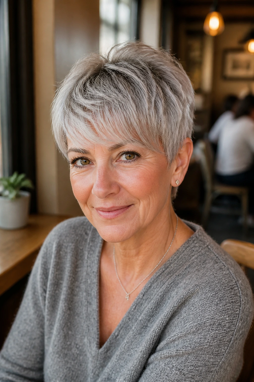 Close-up of a real woman with rounded feathered fringe on a pixie cut in a cafe-like setting