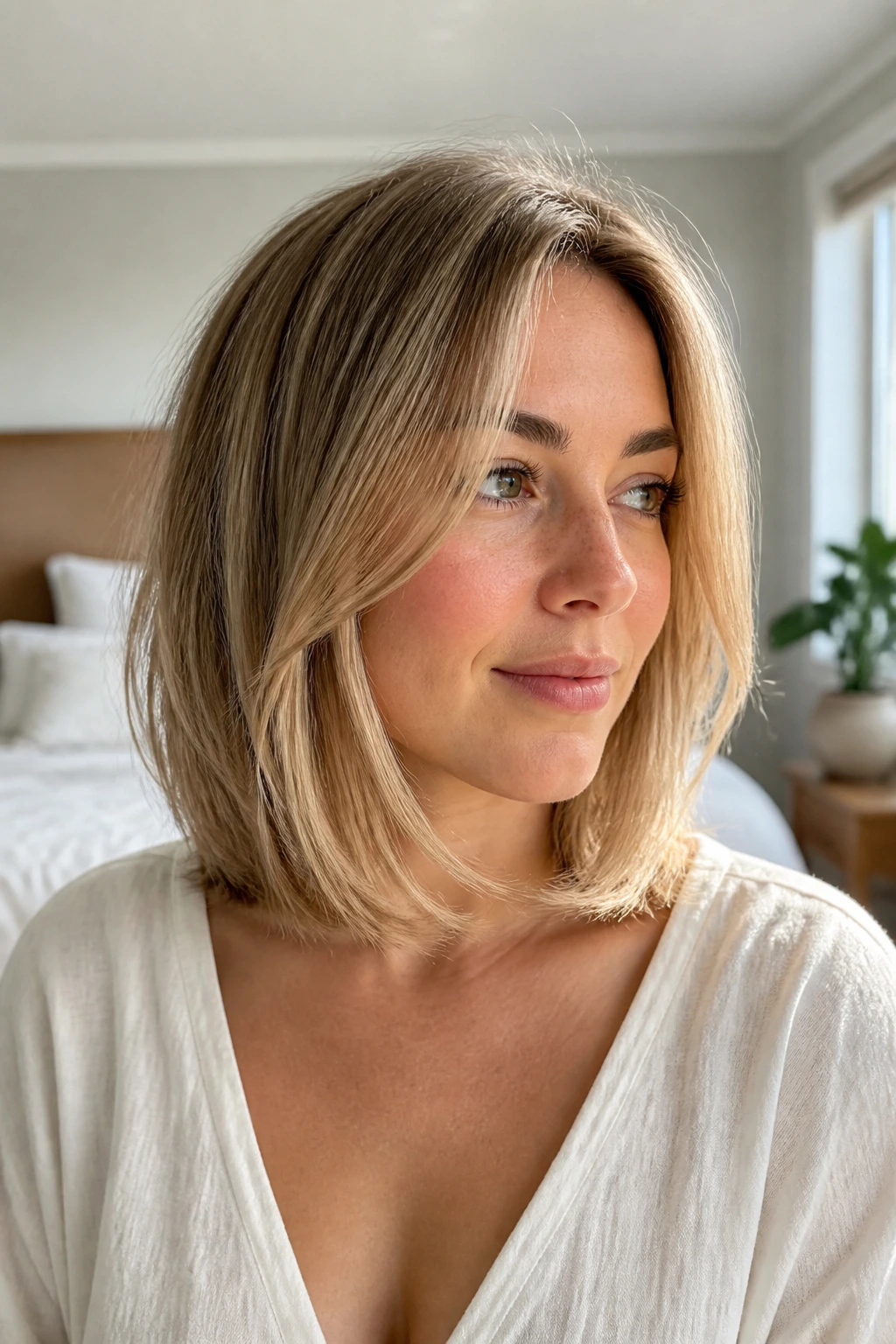 Close-up portrait of a real person with Rounded Fine-Hair Lob under soft natural light