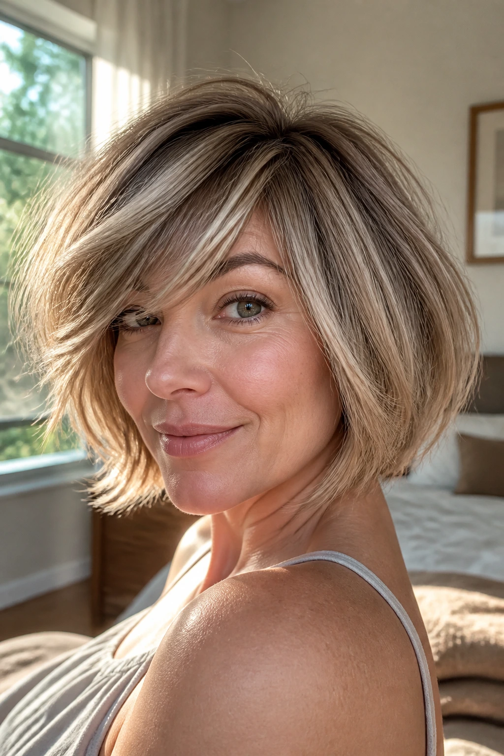 Close-up of a real woman with rounded fluffy bob and side-swept fringe in sunlit bedroom
