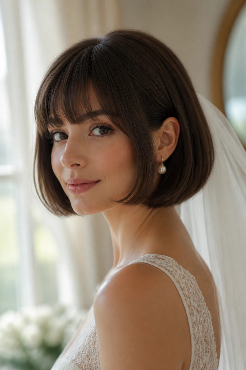 Close-up of a real bride with a rounded French bob in soft bridal light