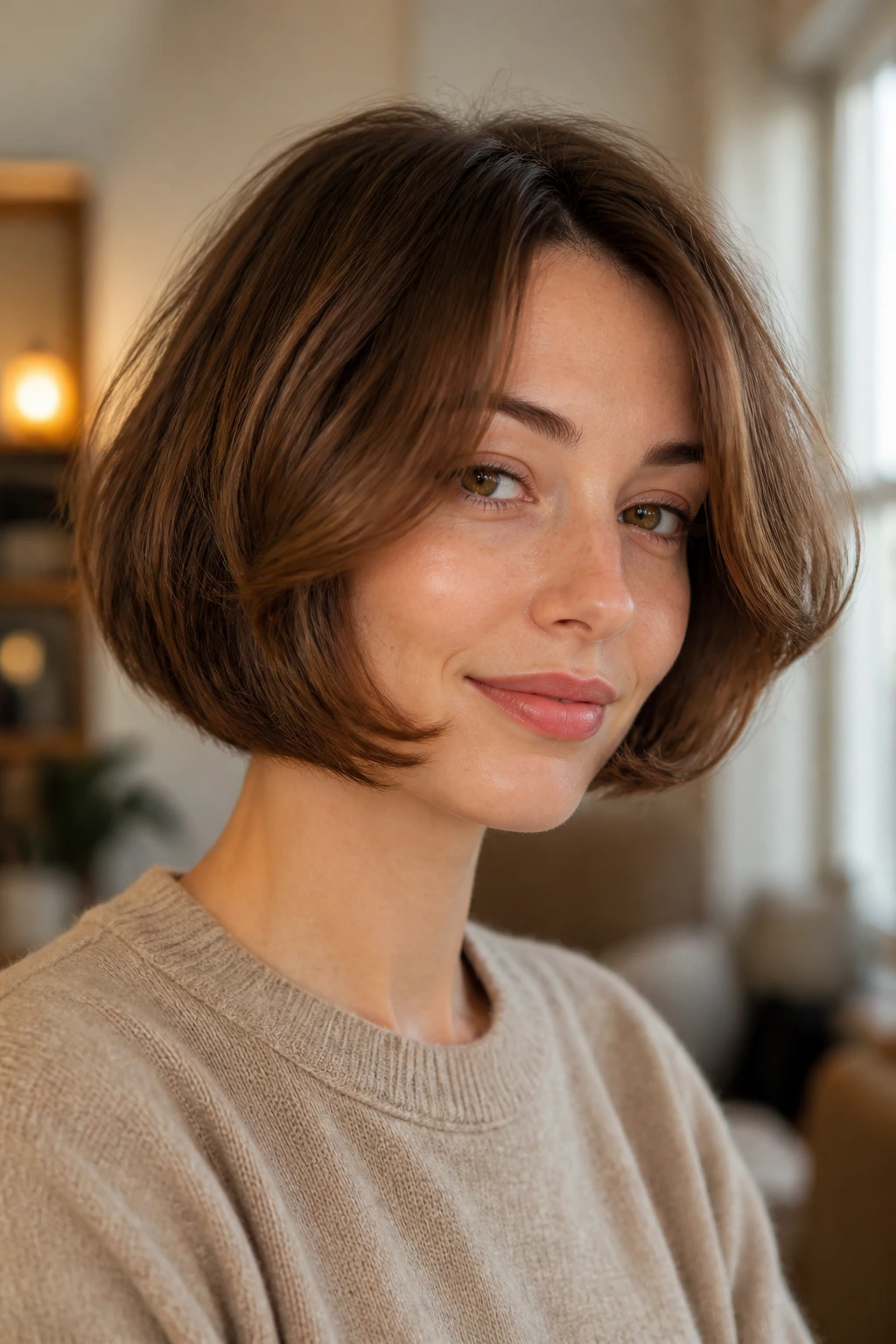 Close-up portrait of a real woman with rounded French bob and C-Sweeps