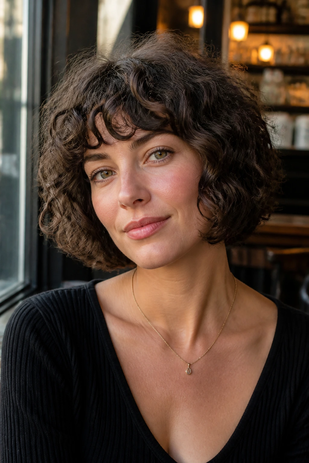 Person with rounded French bob and loose spirals at jawline