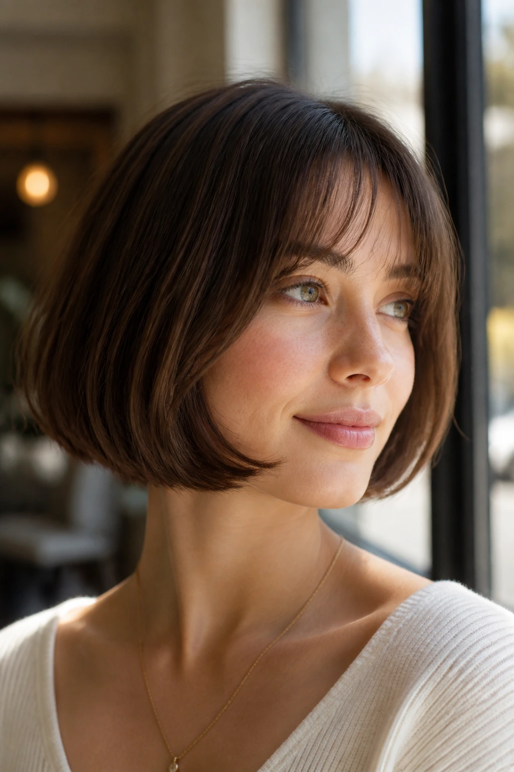 Close-up of rounded French bob with inward-curved ends on a real person