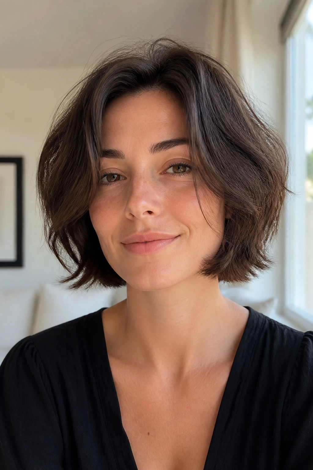 Close-up portrait of rounded French bob shag with no bangs