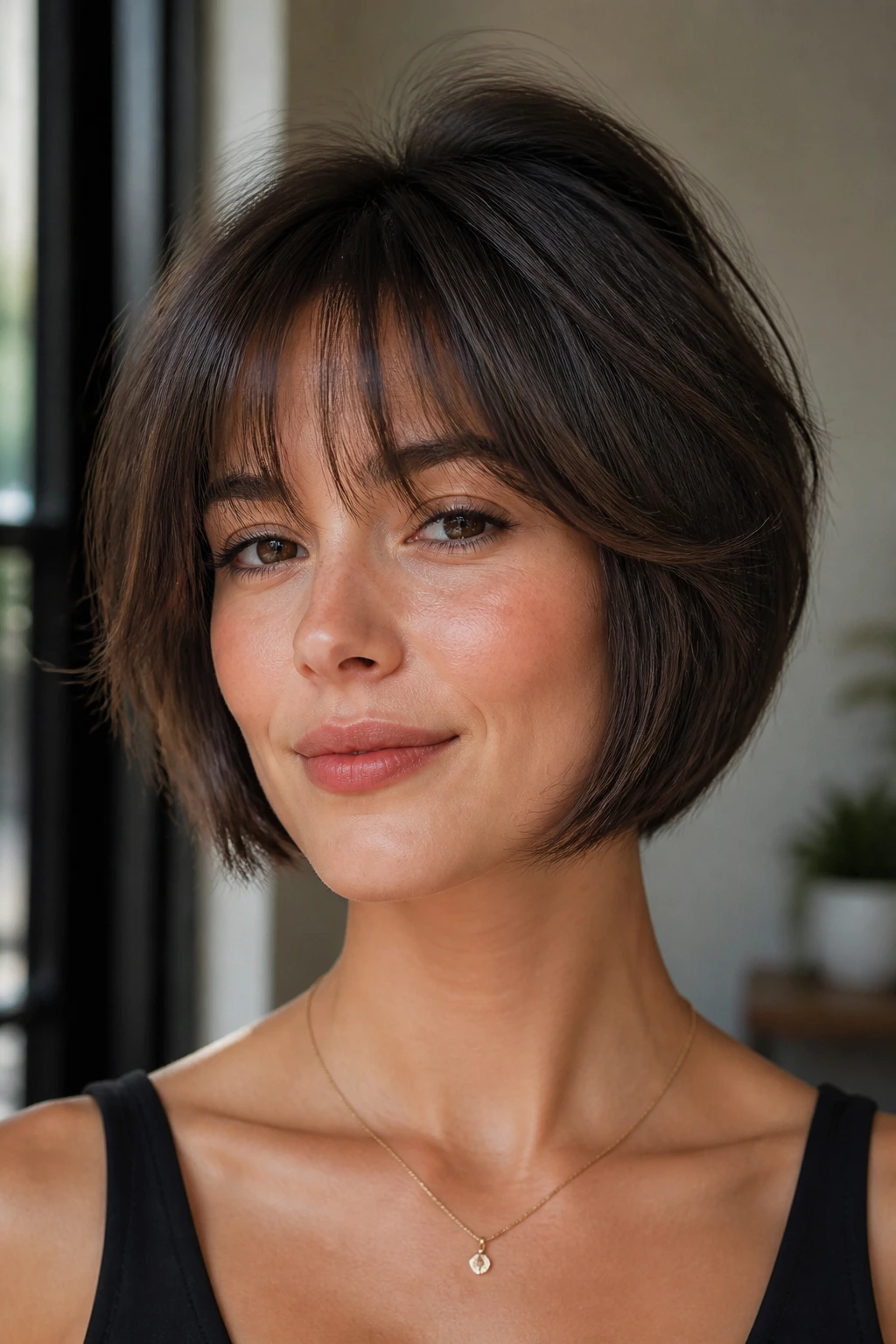 Portrait of a woman with a rounded French butterfly cut.