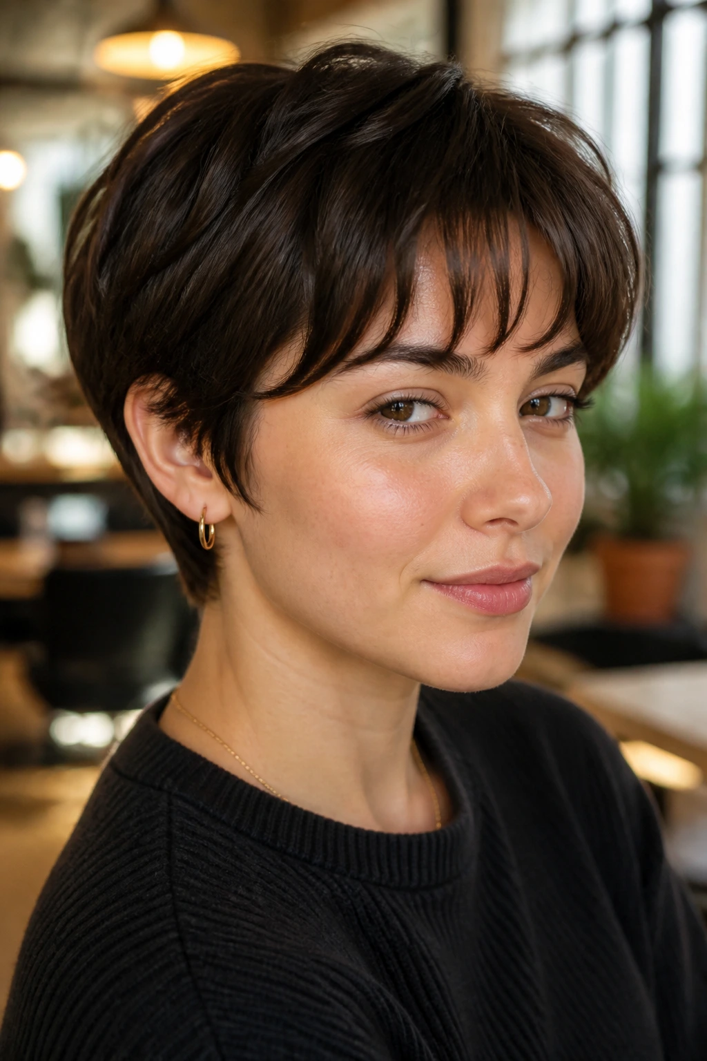 Close-up portrait of a real person with rounded French crop and airy bangs.