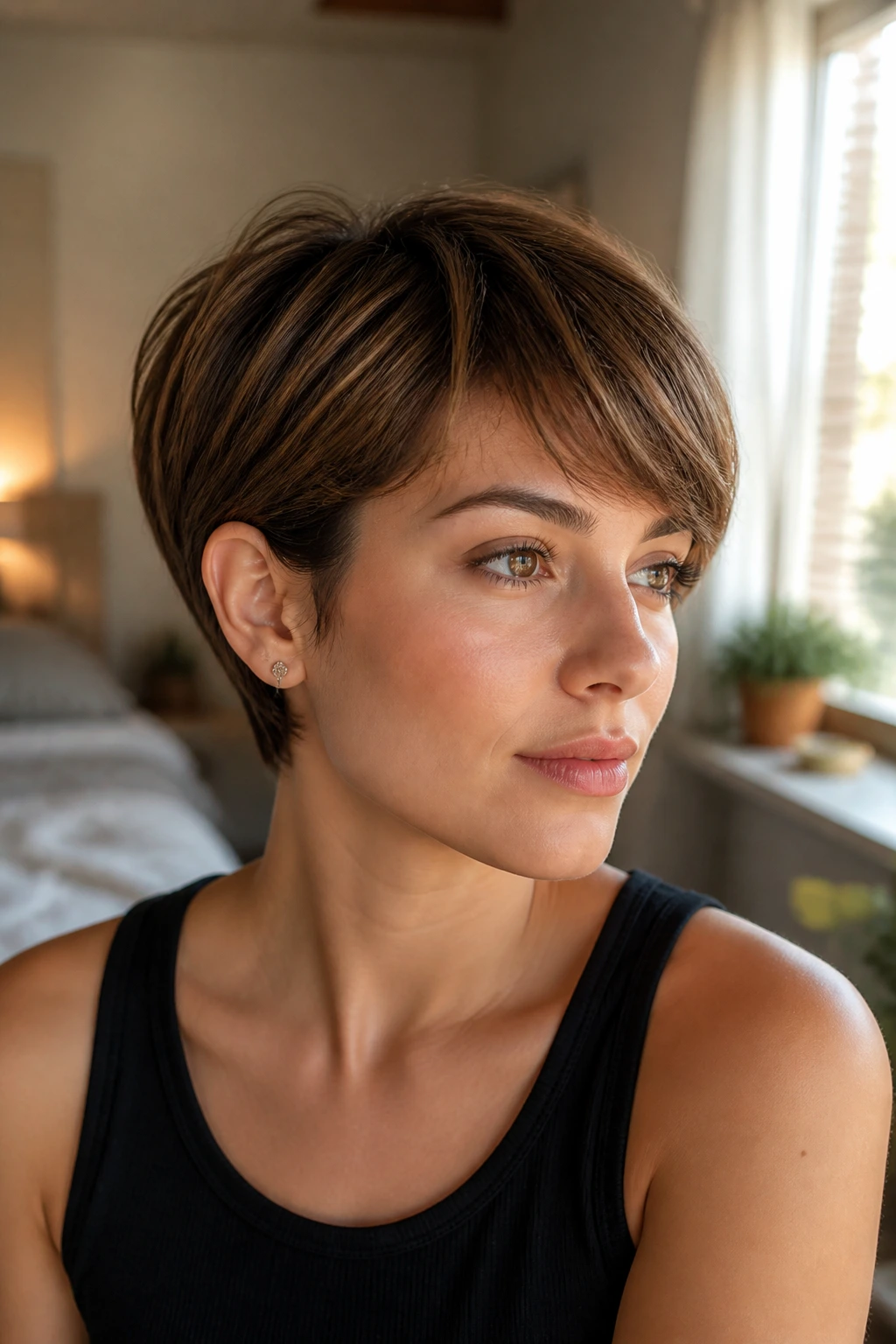Close-up of a real woman wearing a Rounded French Pixie with soft rounded silhouette