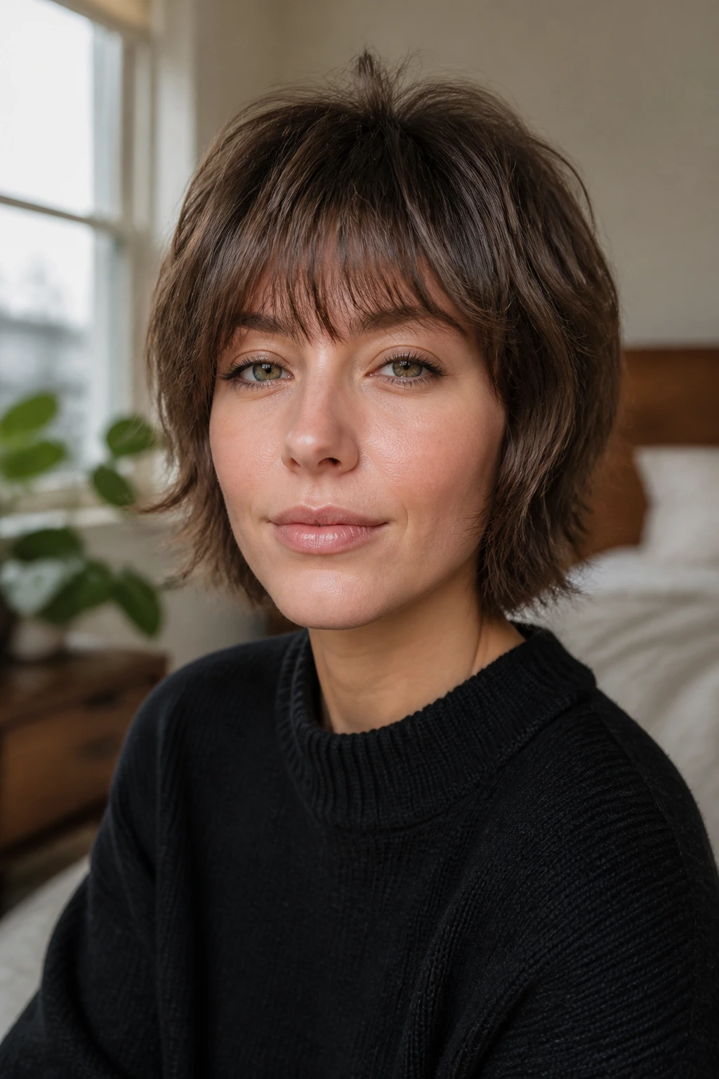 Real person with rounded French shag and soft fringe