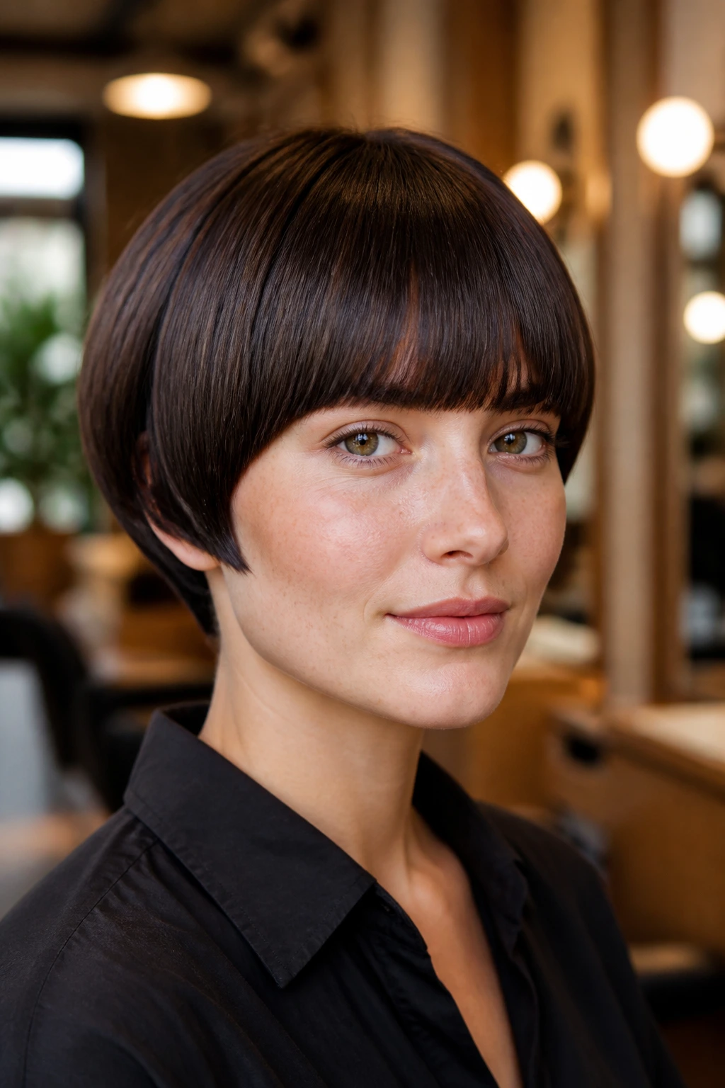Close-up of a real person with rounded fringe on a bowlish bob in a warm salon light