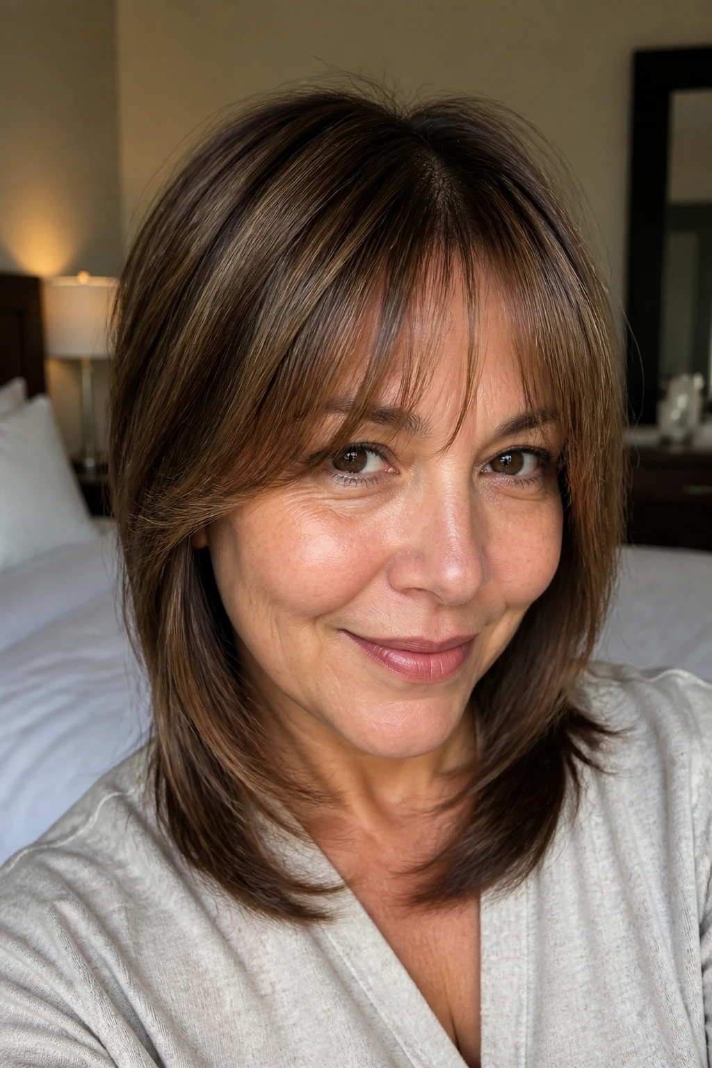 Close-up of a real woman with rounded fringe and longer corners on a round face in warm natural light