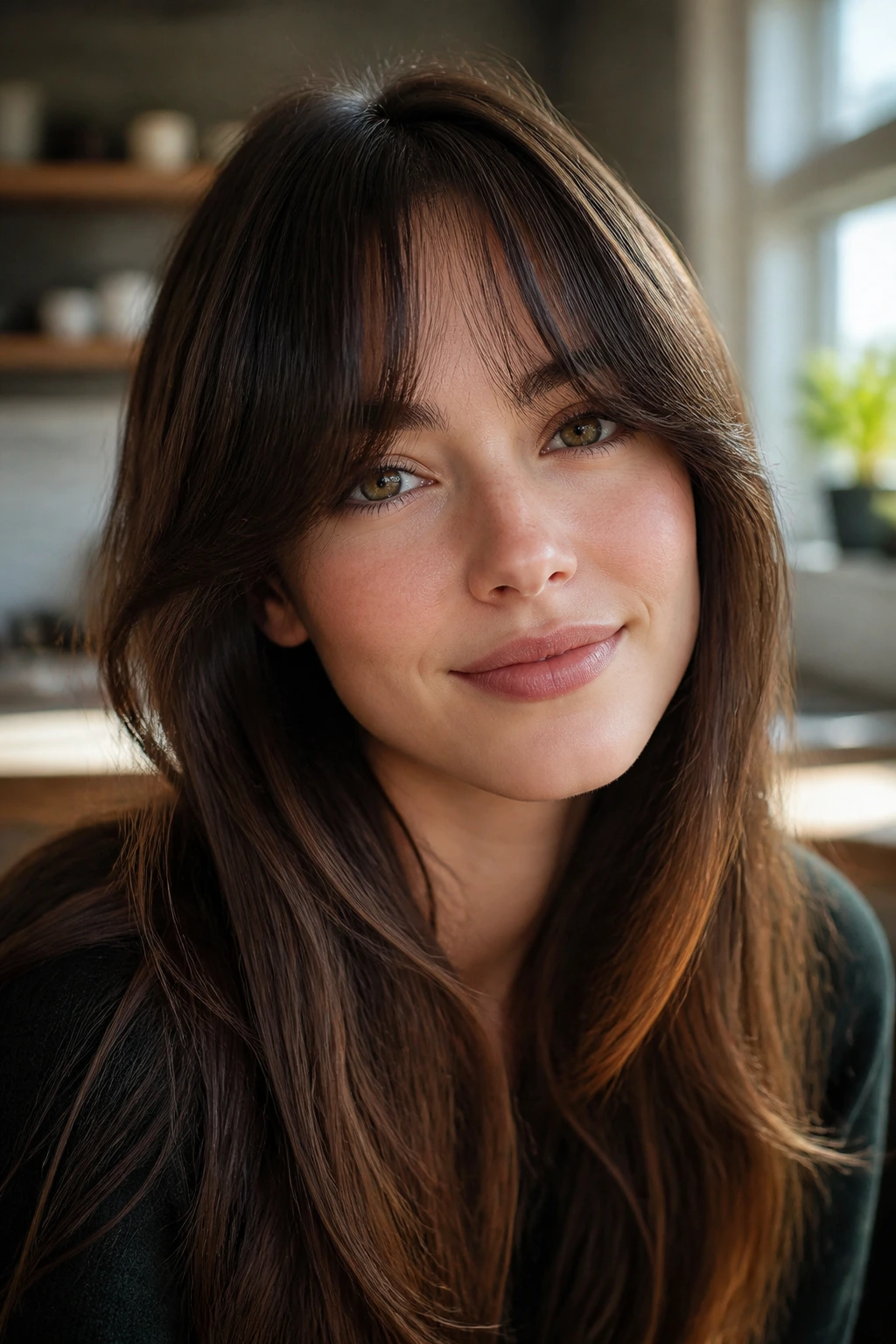 Close-up of a real woman with rounded fringe hugging the eyes
