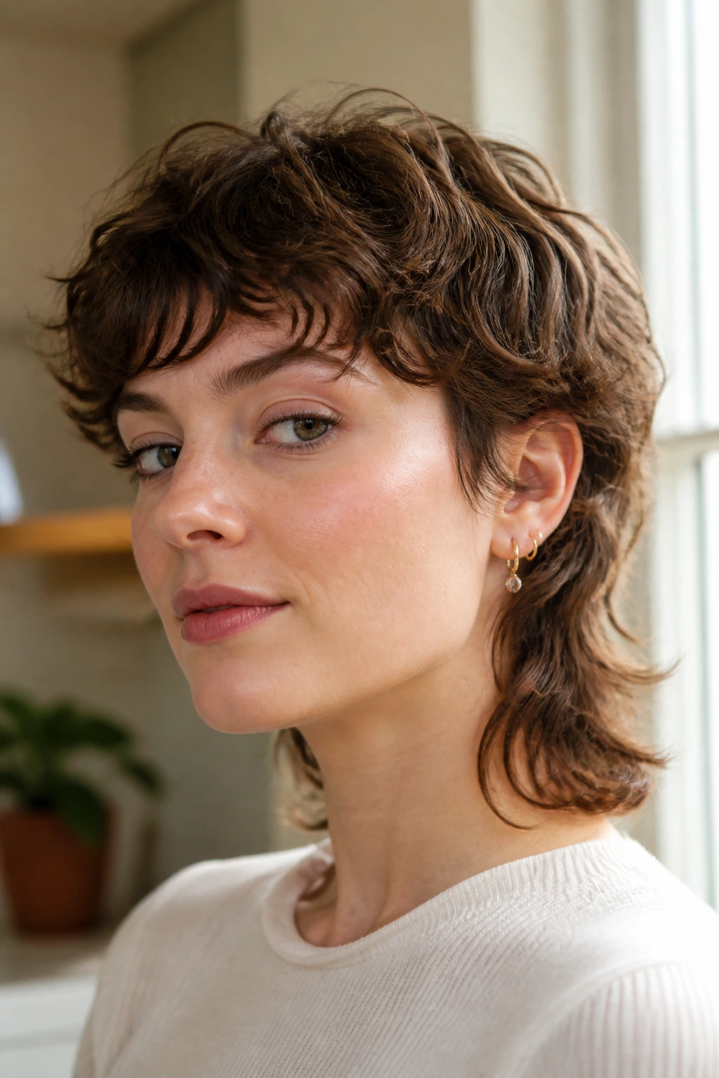 Close-up of a real person with a rounded fringe mullet and curved front.