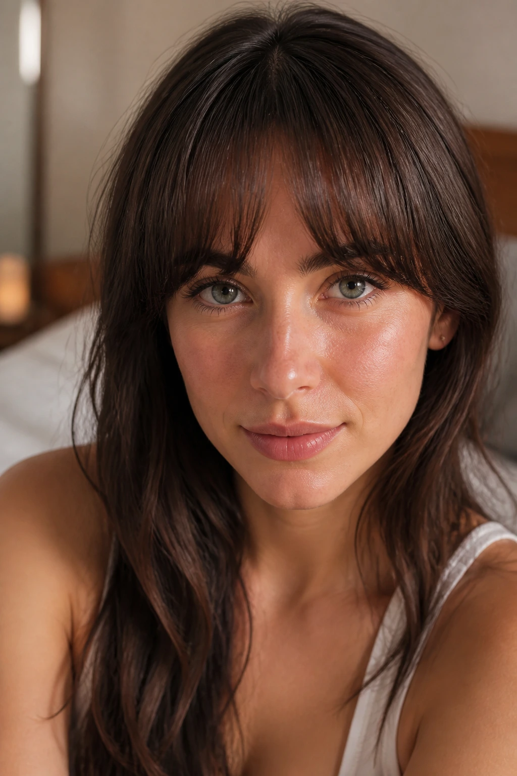 Close-up portrait of a woman with rounded fringe framing the forehead in warm bedroom light