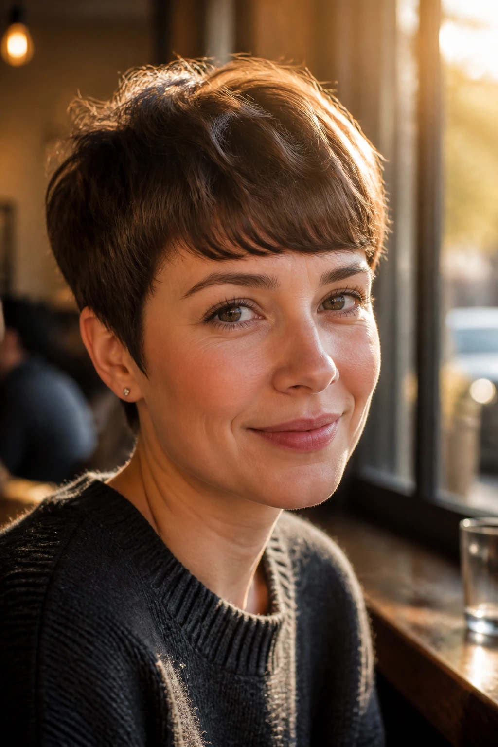 Close-up portrait of a real woman with rounded fringe pixie haircut